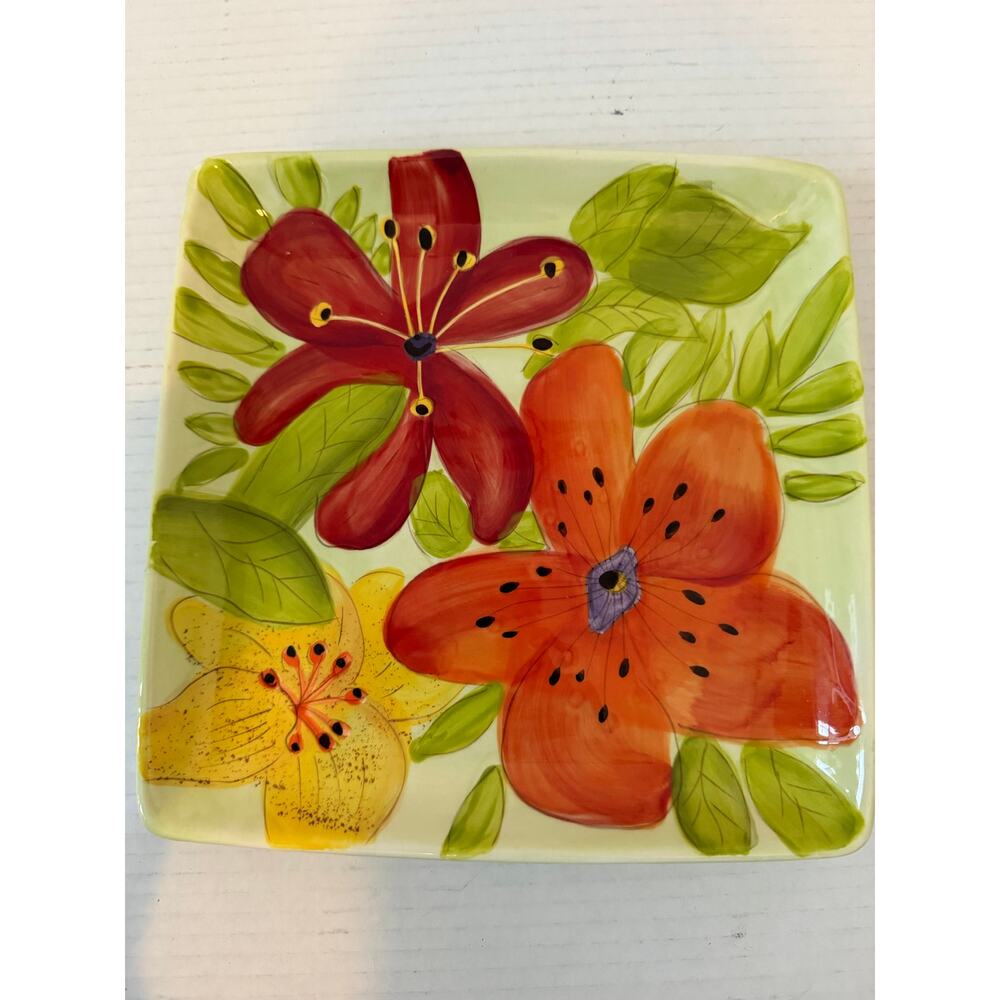 2 Gates Ware by Laurie Gates 9 X9 plates- White w/red, yellow, orange flowers